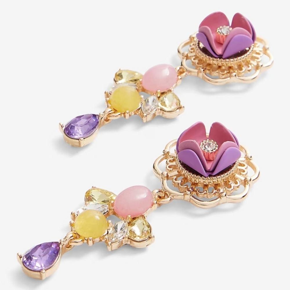 Express Rhinestone Flower & Gem Drop Earrings Pink/Purple/Gold NWT